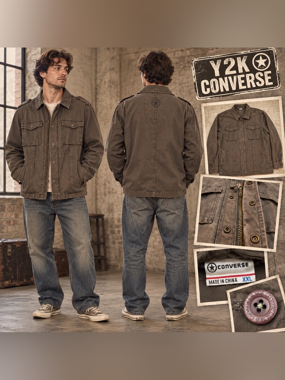 Y2K Converse Men’s XXL Distressed Cotton Military Field Jacket Brown